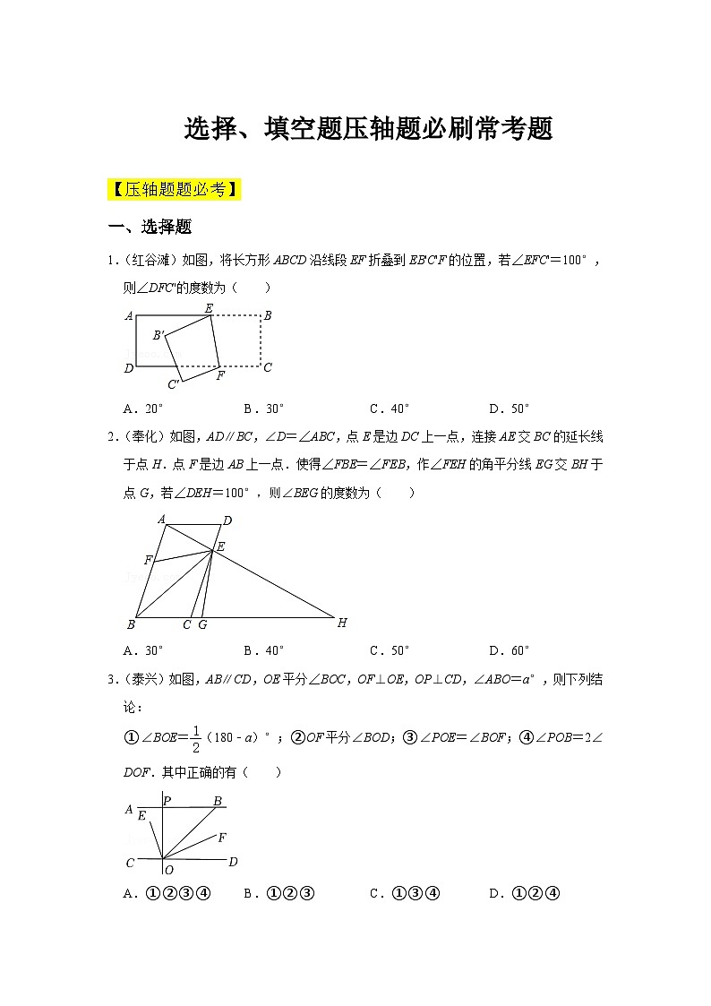 人教版数学七年级下册期中选择、填空题压轴题必刷常考题（原卷版）第1页