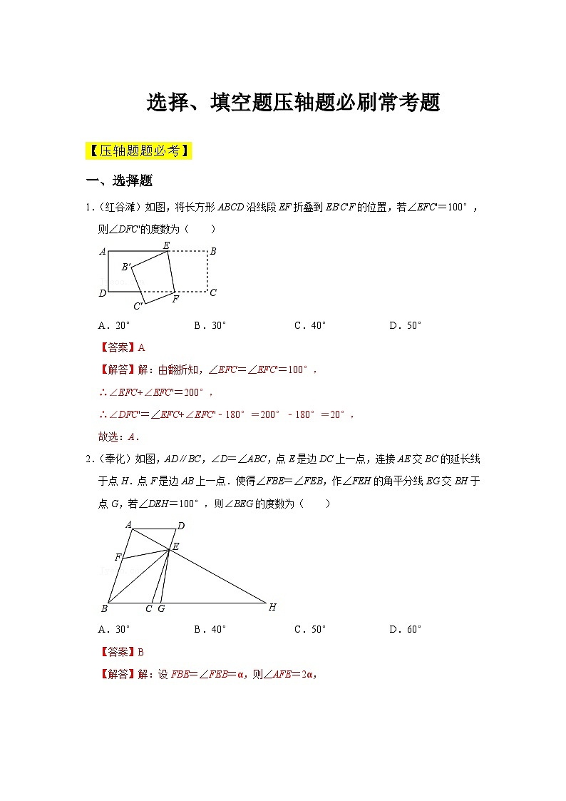 人教版数学七年级下册期中选择、填空题压轴题必刷常考题（解析版）第1页