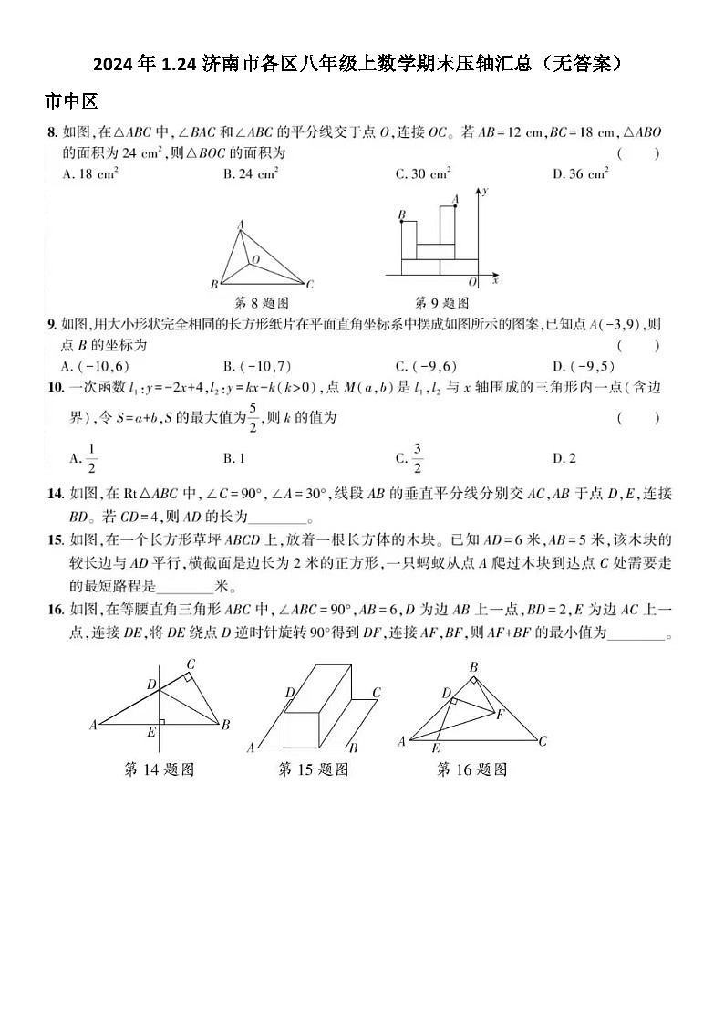2024年1.24济南市各区八年级上数学期末压轴试题汇总（无答案）第1页