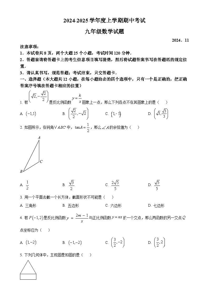 山东省泰安市肥城市2024-2025学年九年级上学期11月期中考试数学试题(1)（原卷版）-A4第1页