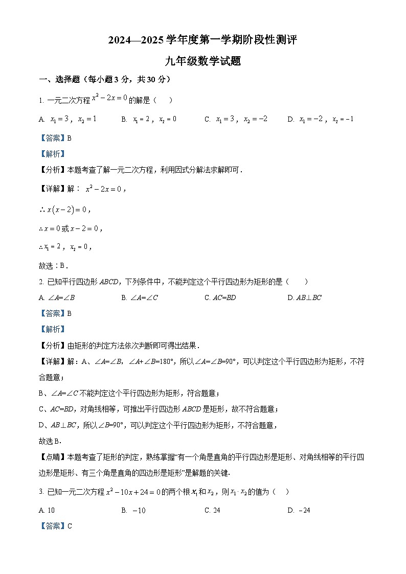 山东省枣庄市台儿庄区2024——2025学年九年级上学期数学月考试卷（解析版）-A4第1页
