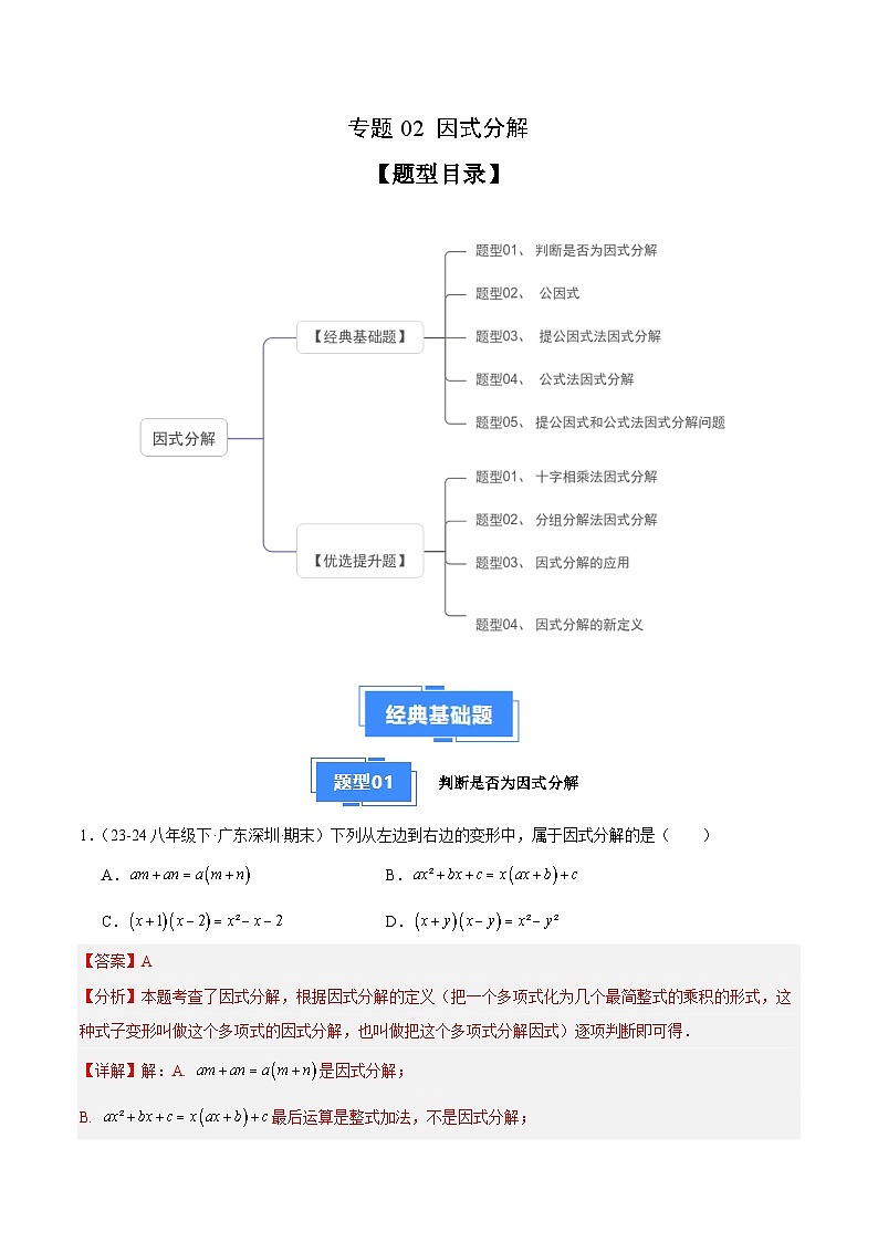 专题02 因式分解（5大经典基础题+4大优选提升题）（解析版）第1页