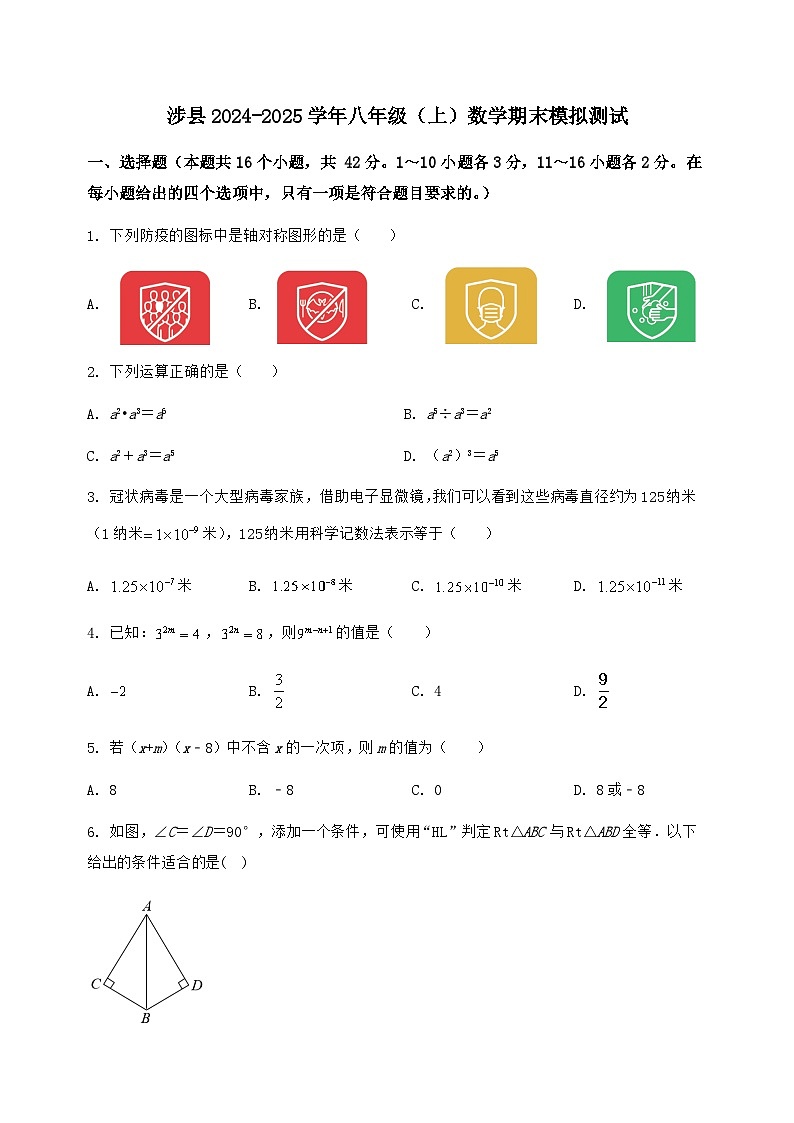 河北省涉县2024-2025学年八年级（上）数学期末模拟测试（含答案及详解）第1页