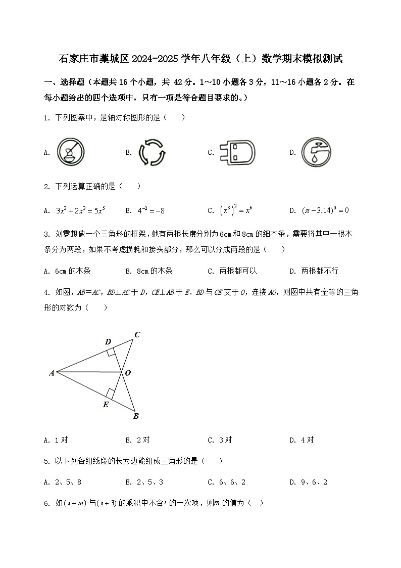 河北省石家庄市藁城区2024-2025学年八年级（上）数学期末模拟测试（含答案及详解）第1页