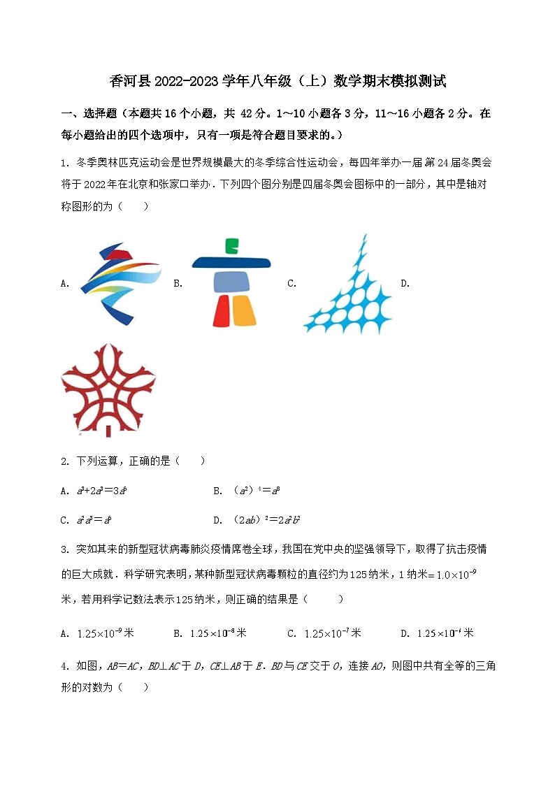 河北省香河县2022-2023学年八年级（上）数学期末模拟测试（含答案及详解）第1页