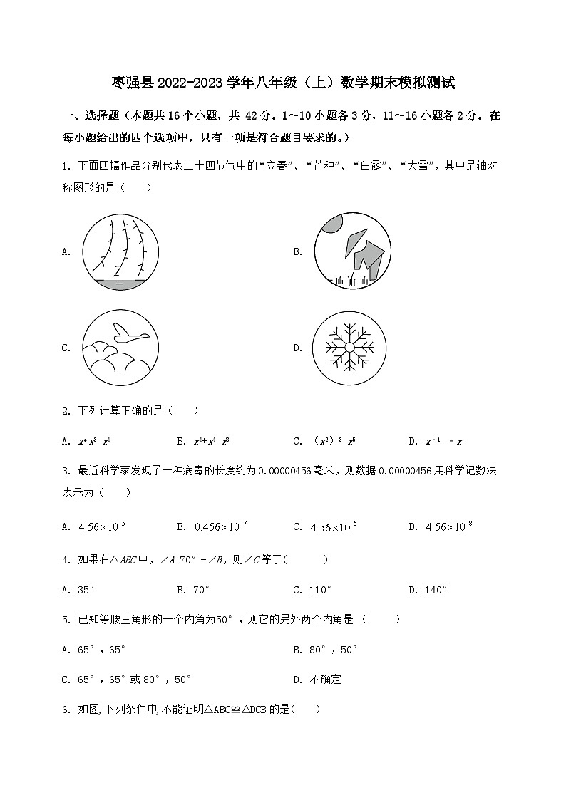 河北省枣强县2022-2023学年八年级（上）数学期末模拟测试（含答案及详解）第1页