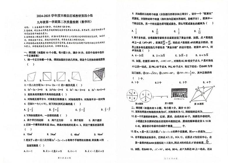 广东省梅州市丰顺县区域教研第四小组2024-2025学年九年级上学期12月月考数学试题第1页