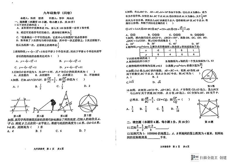 浙江省杭州市采荷中学2024—2025学年上学期九年级数学12月月考试卷第1页