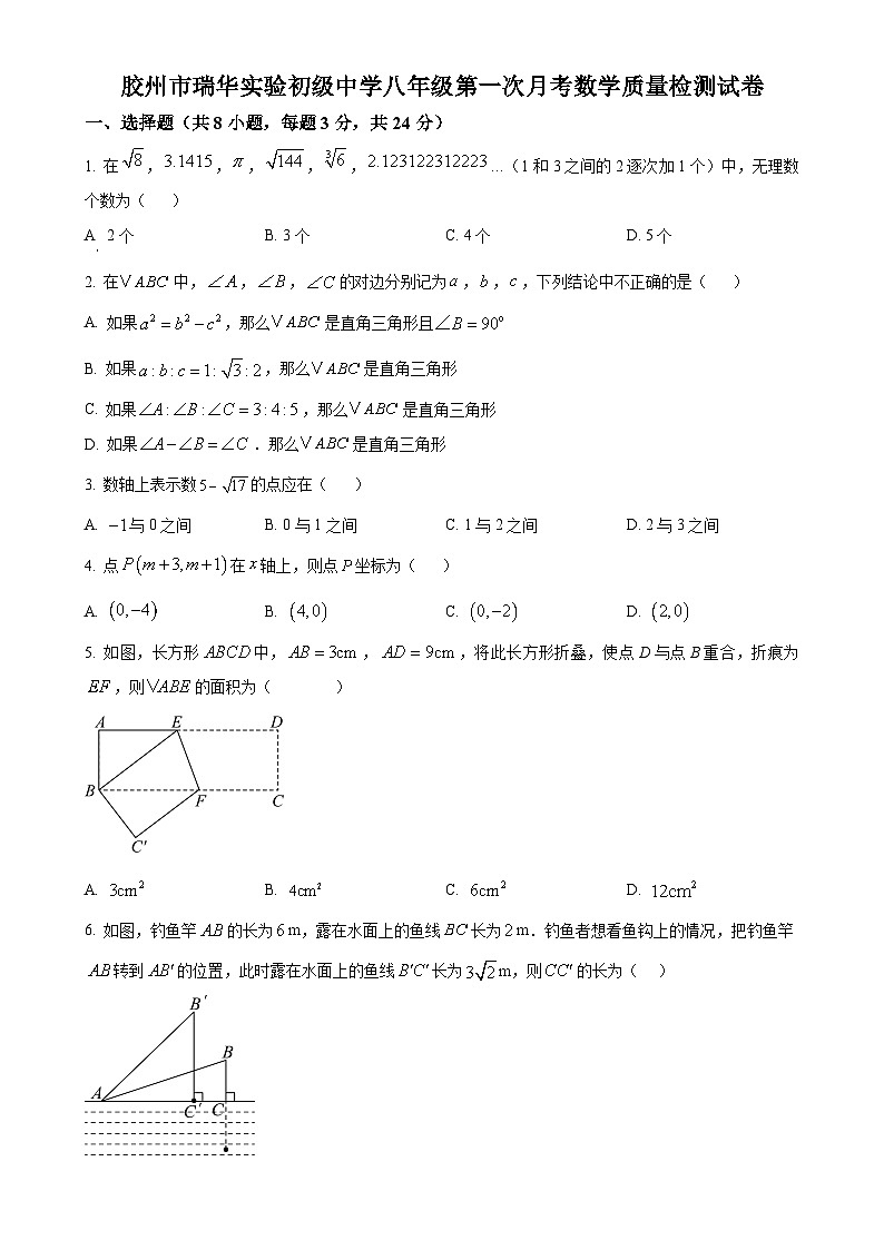 山东省青岛市胶州市瑞华中学2023-2024学年八年级上学期第一次月考数学试题（原卷版）-A4第1页