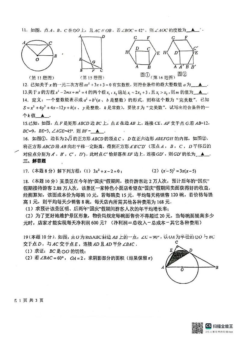 江苏省泰州市靖江市滨江学校2024-2025学年九年级上学期12月月考数学试题第2页