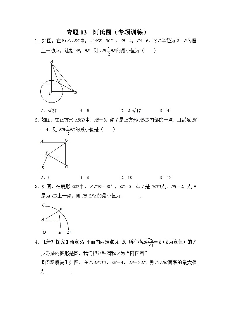 中考数学二轮培优训练专题03  阿氏圆（专项训练）（原卷版）第1页
