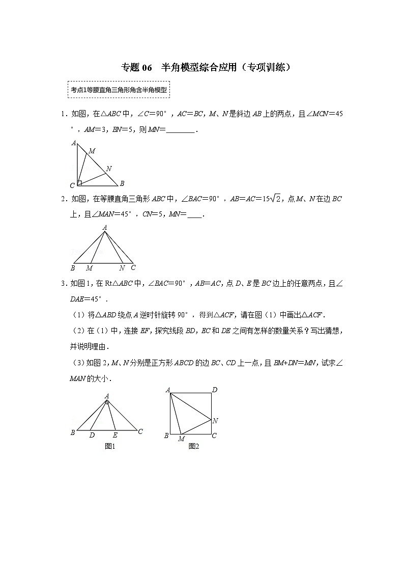中考数学二轮培优训练专题06 半角模型综合应用（专项训练）（原卷版）第1页