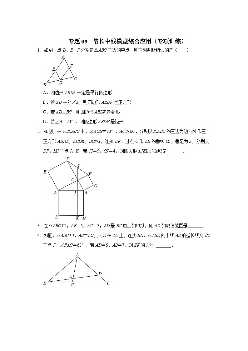 中考数学二轮培优训练专题09  倍长中线模型综合应用（专项训练）（原卷版）第1页