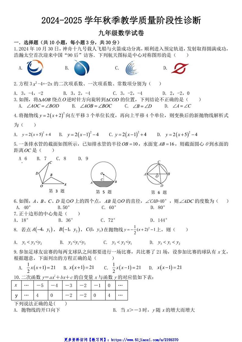2024～2025学年广东省惠州市联考(月考)12月教学质量阶段性诊断九年级(上)数学试卷(无答案)第1页
