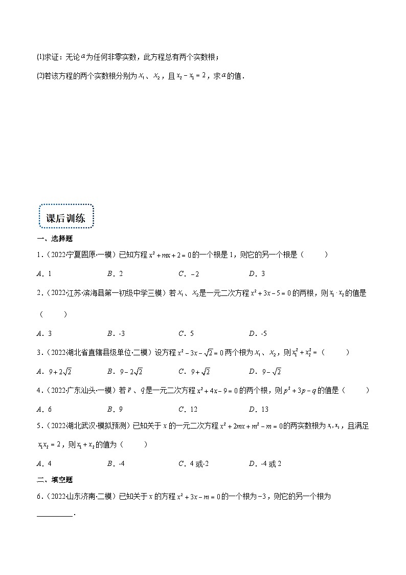 人教版数学九上重难点突破训练专题03 一元二次方程根与系数的关系(原卷版)第3页