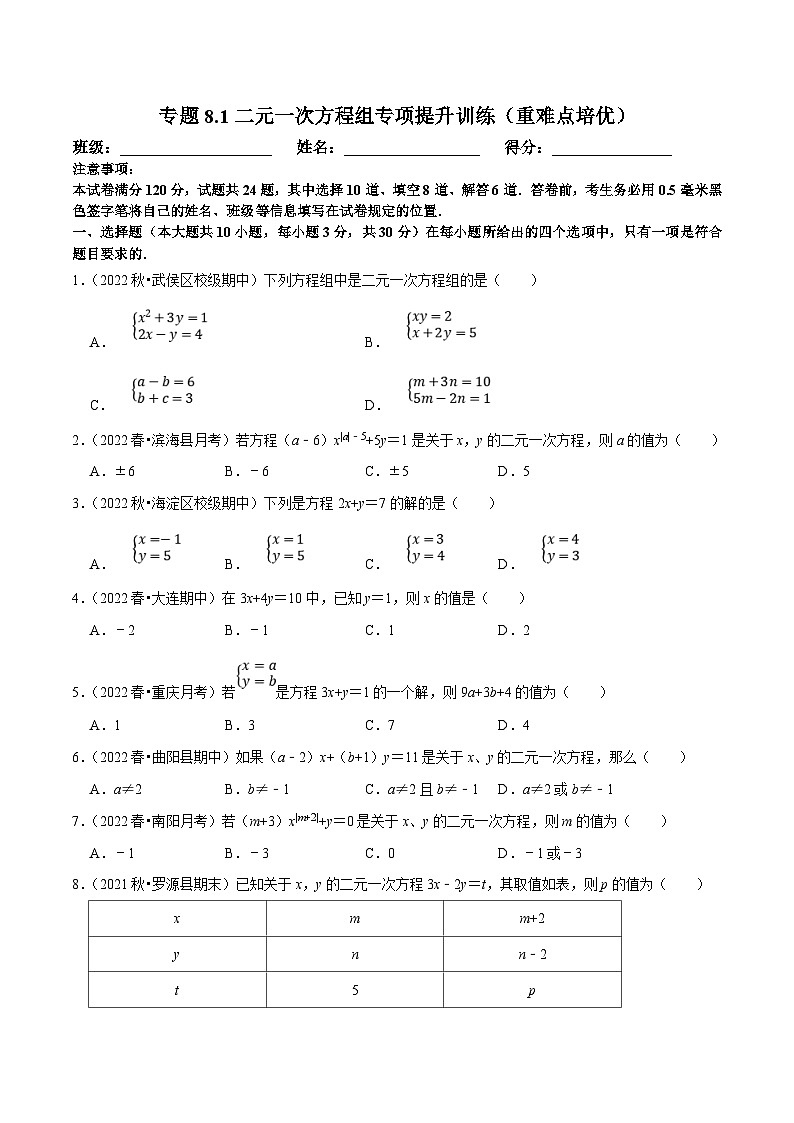 人教版数学七下培优提升训练专题8.1二元一次方程组（原卷版）第1页
