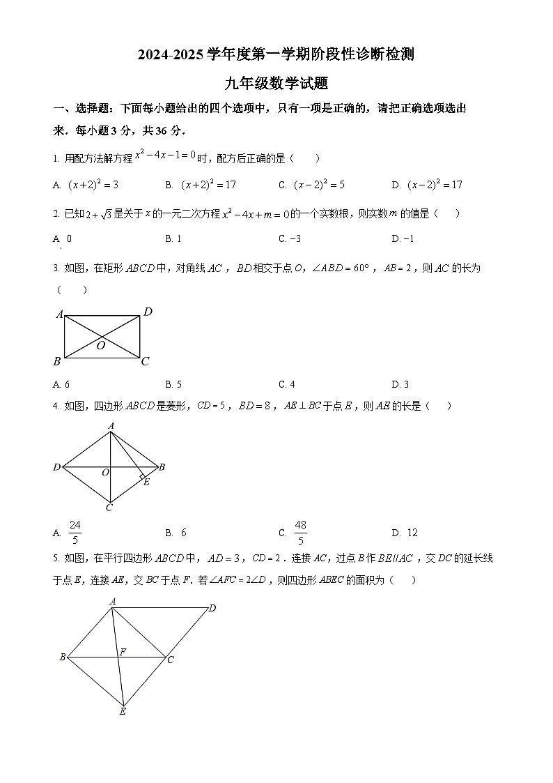 山东省枣庄市台儿庄区2024-2025学年九年级上学期10月月考数学试题（原卷版）-A4第1页