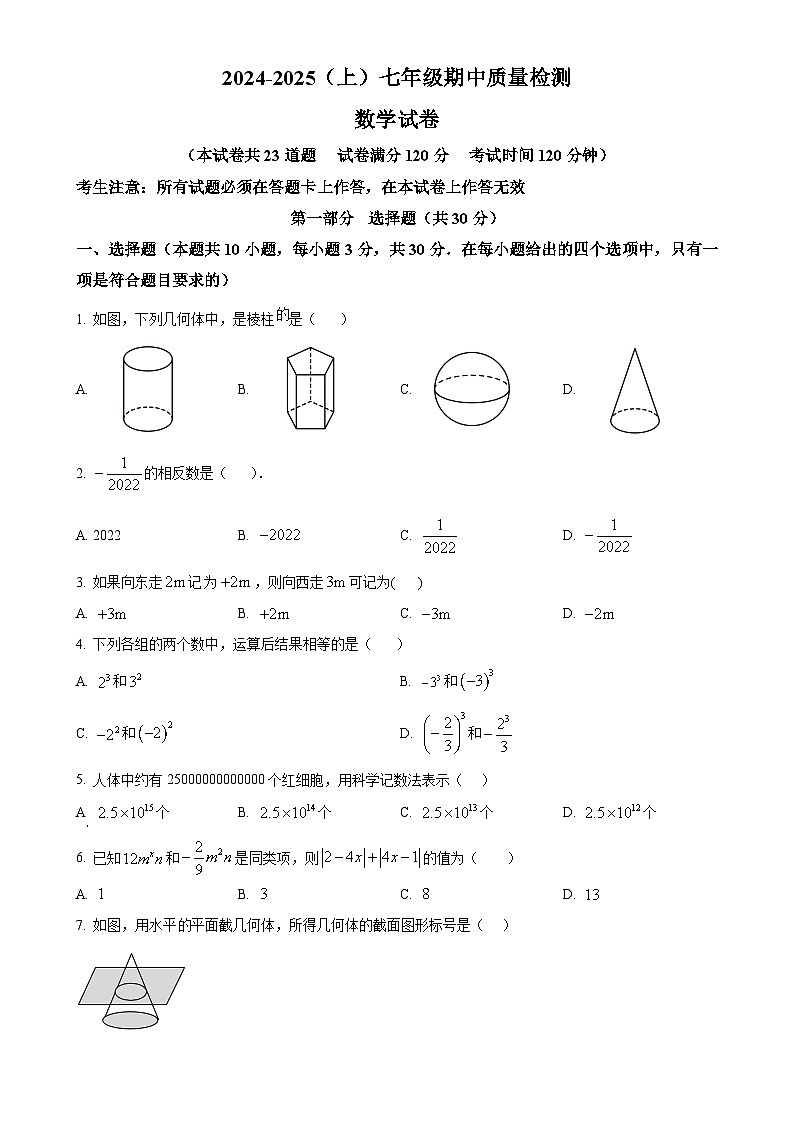 辽宁省阜新市细河区2024-2025学年七年级上学期期中质量检测数学试卷（原卷版）-A4第1页