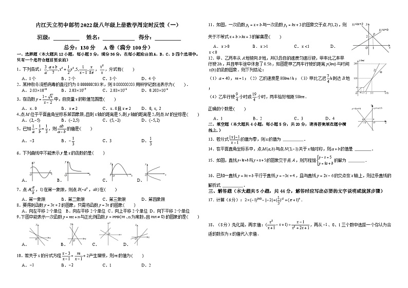 八年级上册数学周测（一）-分式、一次函数图象及性质 - 副本第1页