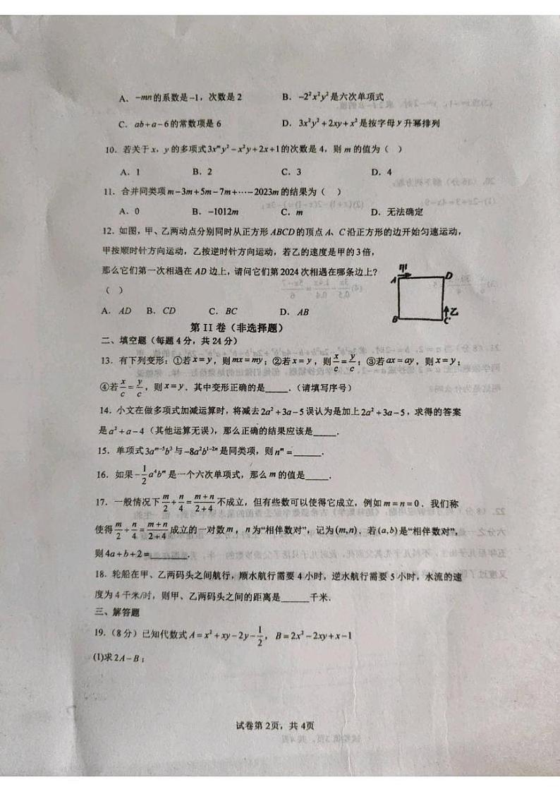 山东省聊城市阳谷县实验中学2024-2025学年七年级上学期12月月考数学试题第2页