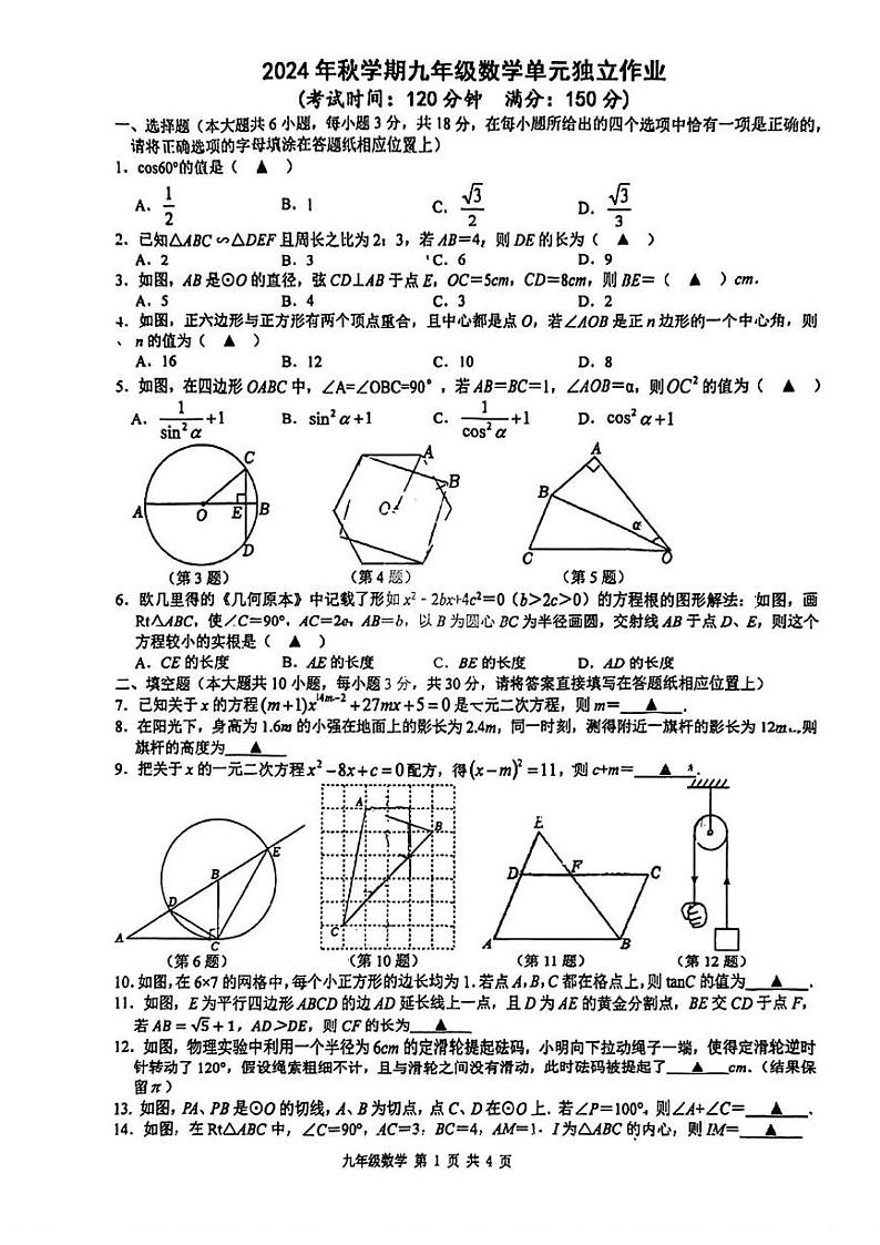 江苏省泰州市靖江市实验学校2024-2025学年九年级上学期第三次月考数学试卷第1页