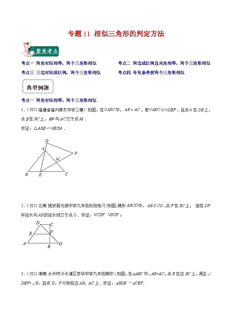 北师大版数学九上期末重难点培优训练专题11 相似三角形的判定方法(原卷版)第1页