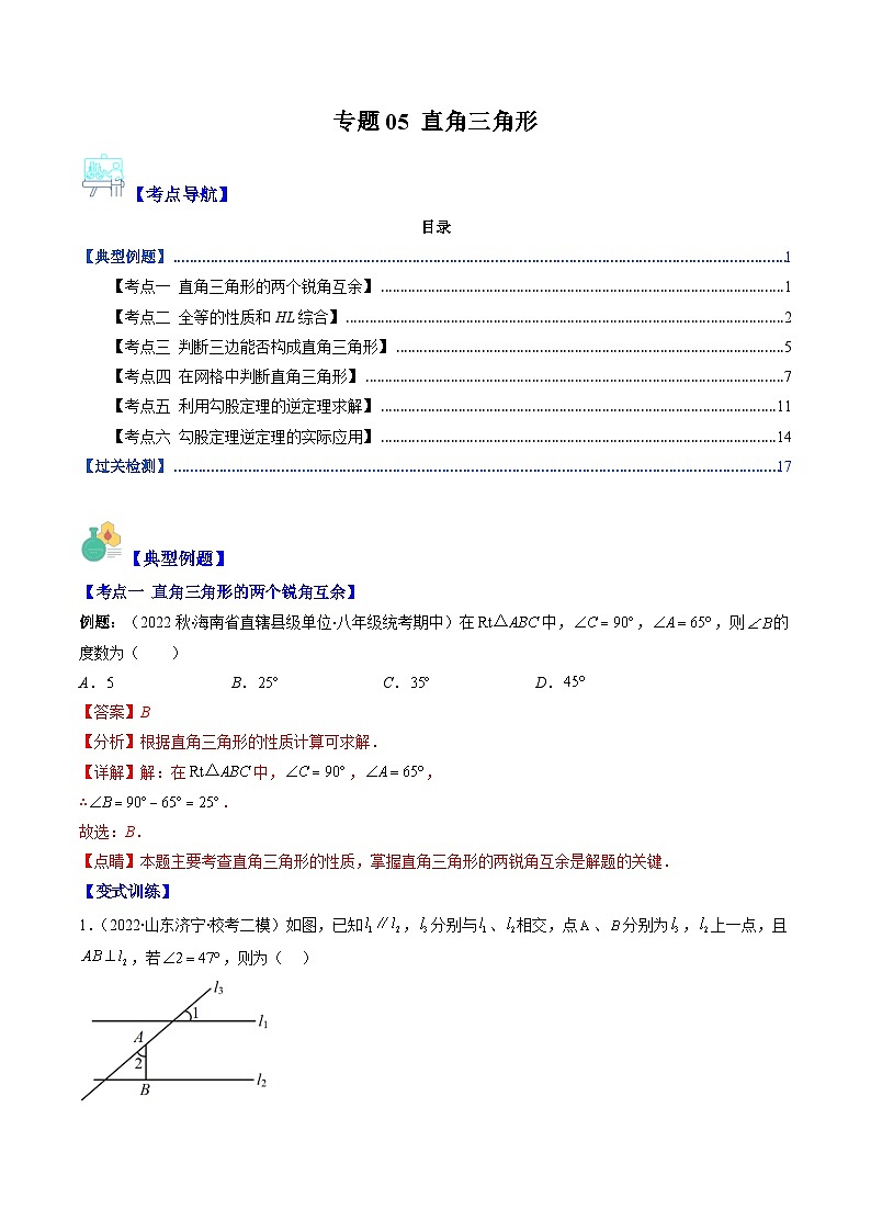 北师大版数学八下期末重难点培优训练专题05 直角三角形(解析版)第1页