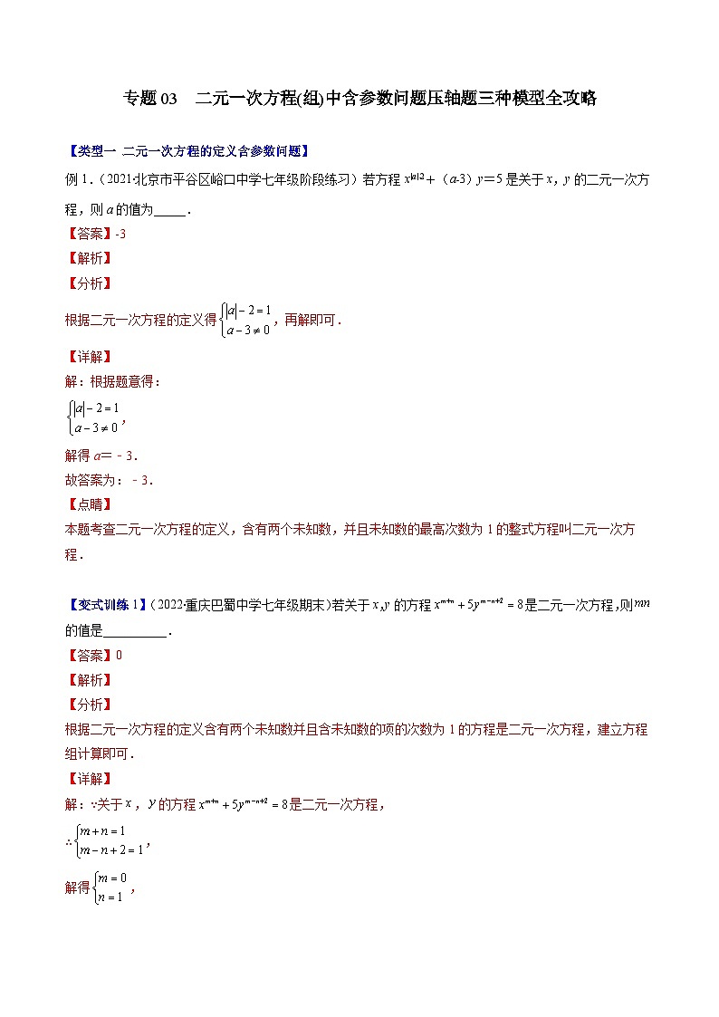 浙教版数学七下期末培优训练专题03 二元一次方程(组)中含参数问题压轴题三种模型全攻略（解析版）第1页
