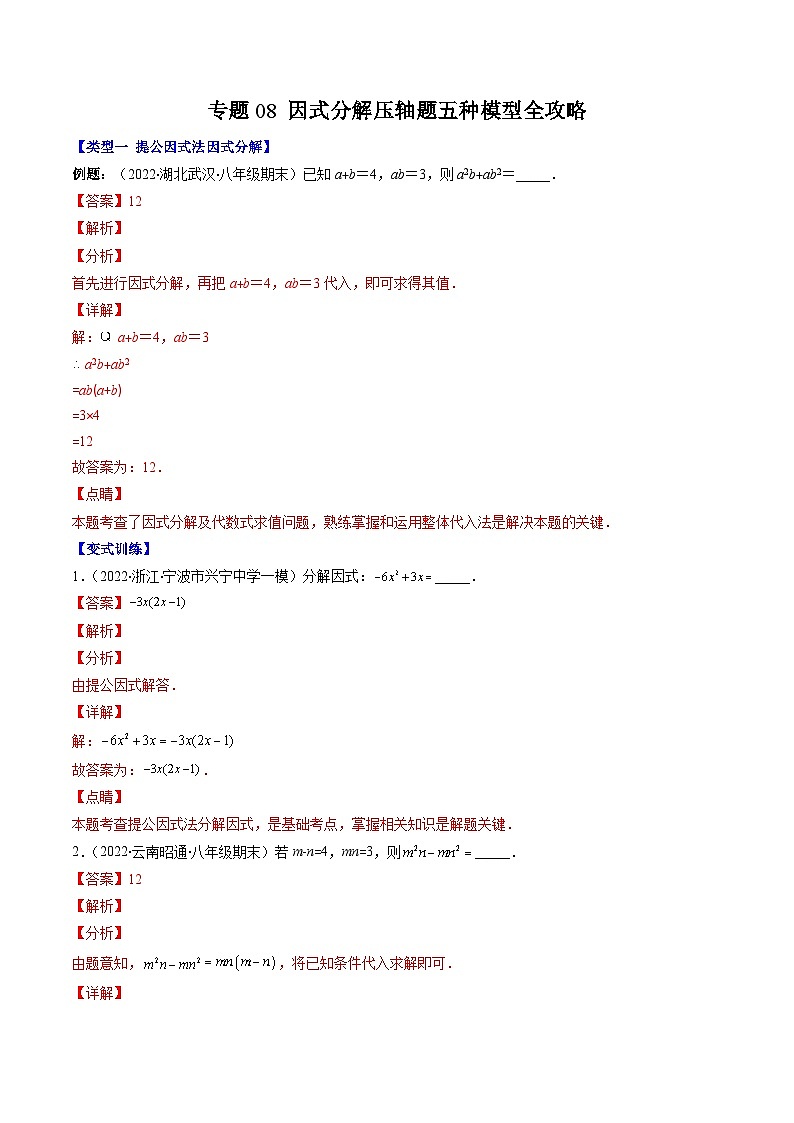 浙教版数学七下期末培优训练专题08 因式分解压轴题三种模型全攻略（解析版）第1页