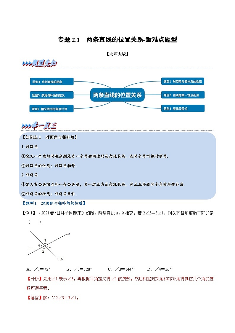 北师大版数学七下重难点培优练习专题2.1 两条直线的位置关系（解析版）第1页