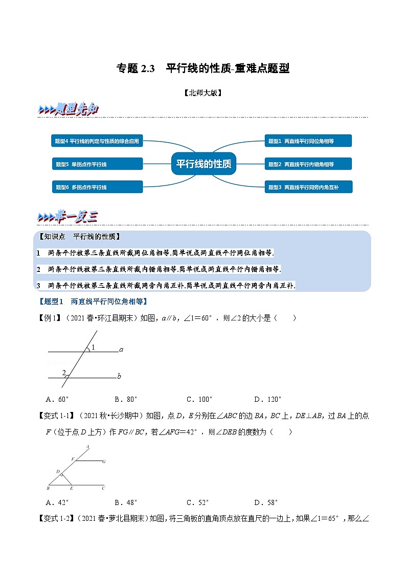 北师大版数学七下重难点培优练习专题2.3 平行线的性质（原卷版）第1页