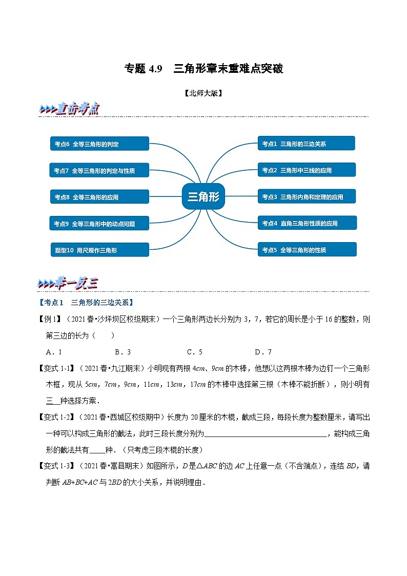 北师大版数学七下重难点培优练习专题4.9 三角形章末重难点突破（原卷版）第1页