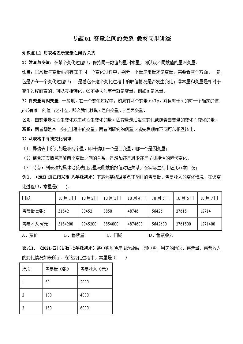 北师大版数学七下高频考点突破练习专题01 变量之间的关系（原卷版）第1页