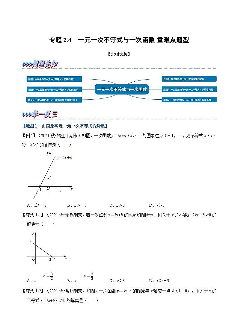 北师大版数学八下考点练习专题2.4 一元一次不等式与一次函数-重难点题型（原卷版）第1页