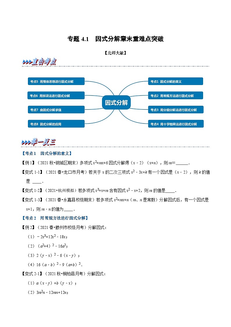 北师大版数学八下考点练习专题4.1 因式分解章末重难点突破（原卷版）第1页