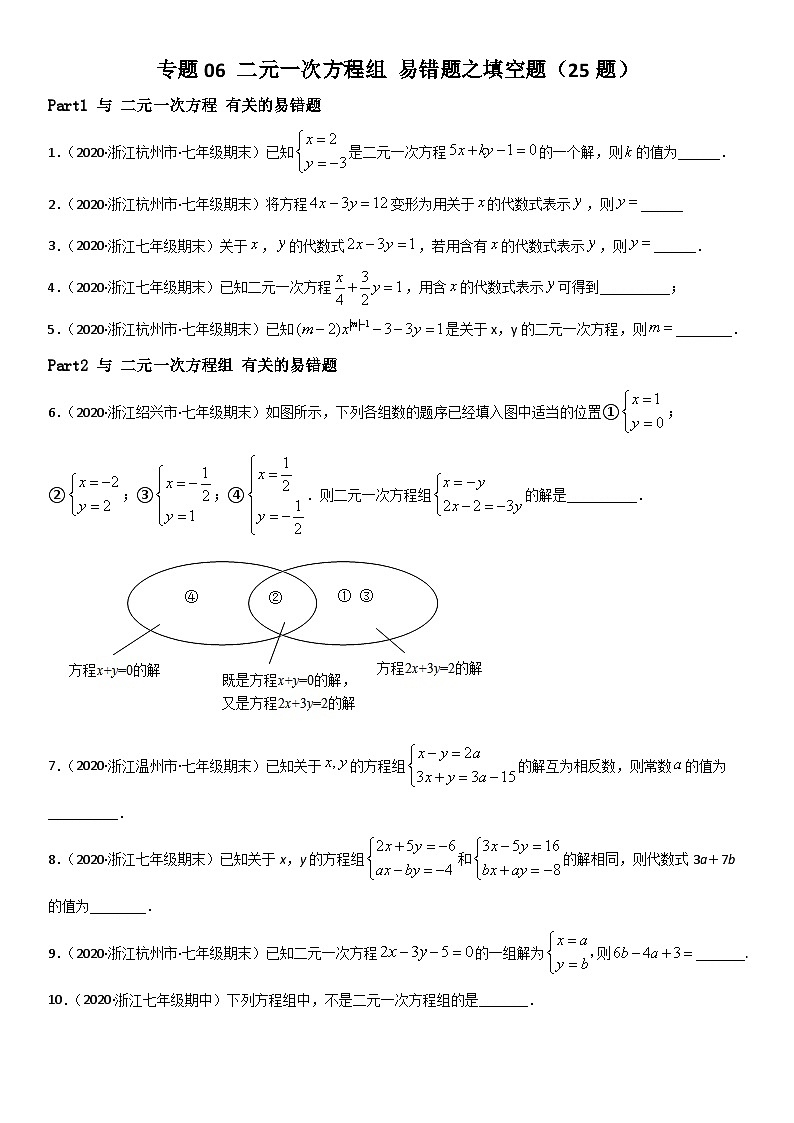 浙教版数学七下期末考点复习专题06  二元一次方程组 易错题之填空题（原卷版）第1页