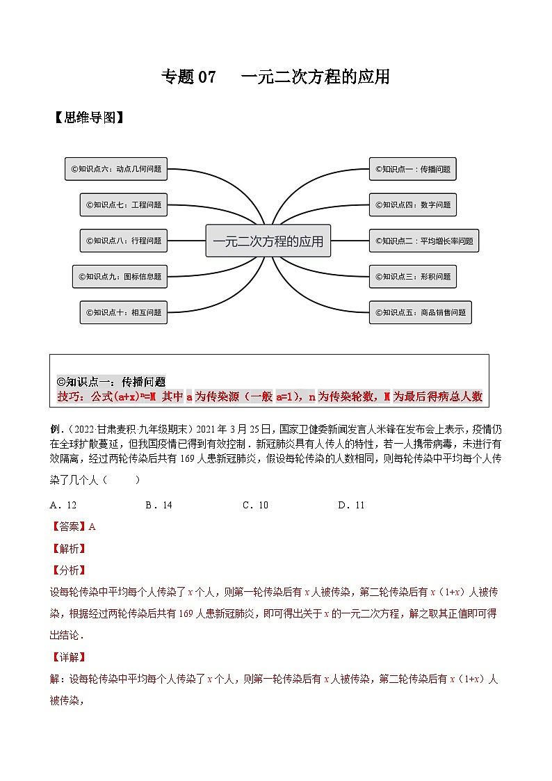 沪科版数学八下专题07 一元二次方程的应用（知识点考点精讲）（解析版）第1页
