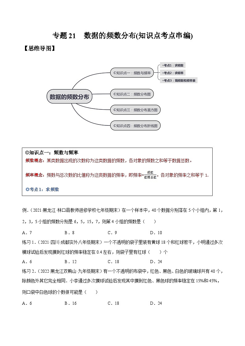 沪科版数学八下专题21 数据的频数分布（知识点考点精讲）（原卷版）第1页