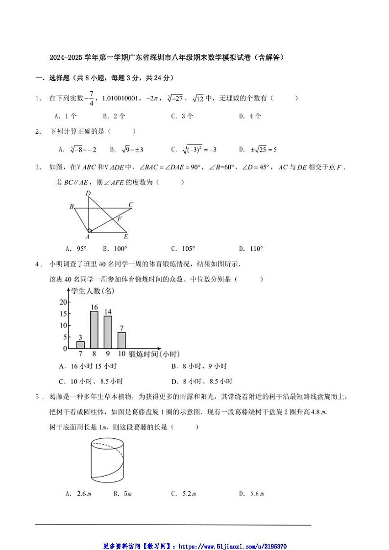 2024～2025学年广东省深圳市八年级(上)期末数学模拟试卷(含解析)第1页