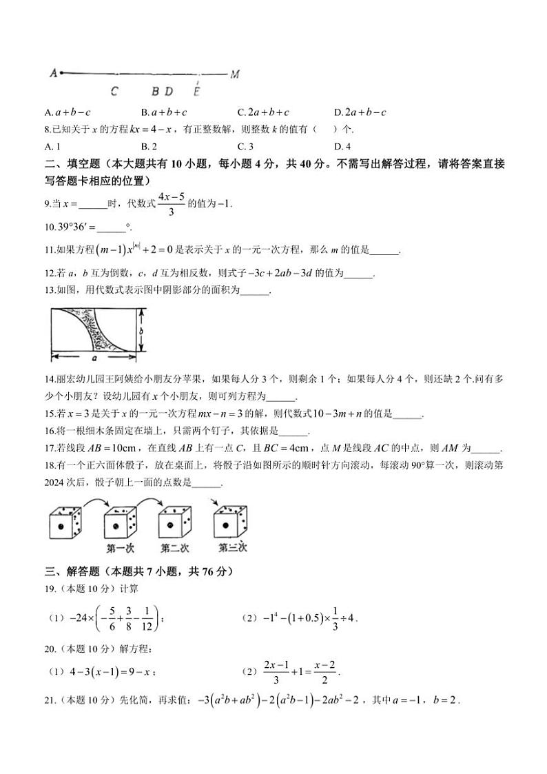2024～2025学年江苏省徐州市树人初级中学七年级(上)第二次月考数学试卷(无答案)第2页