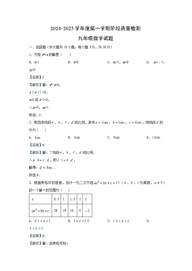 2024~2025学年山东省青岛市城阳区九年级(上)11月期中数学试卷(解析版)第1页