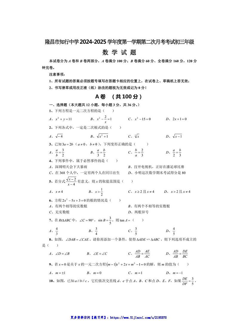 2024～2025学年四川省内江市隆昌市知行中学第二次月考考试九年级(上)数学试卷(含答案)第1页