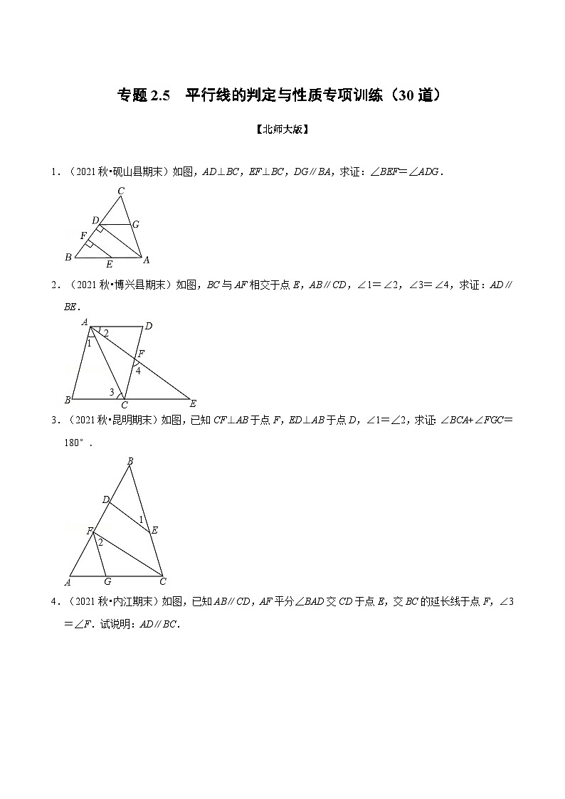 北师大版数学七下重难点培优练习专题2.5 平行线的判定与性质（原卷版）第1页