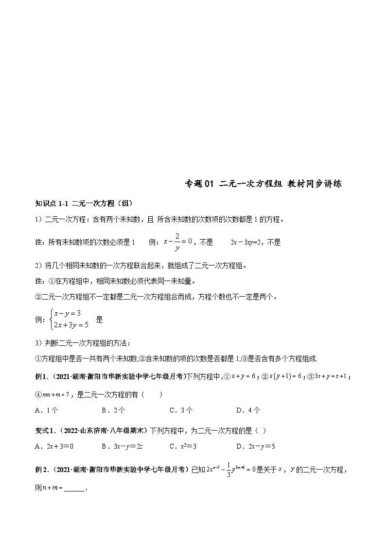人教版数学七下高频考点突破练习专题01 二元一次方程组（原卷版）第1页