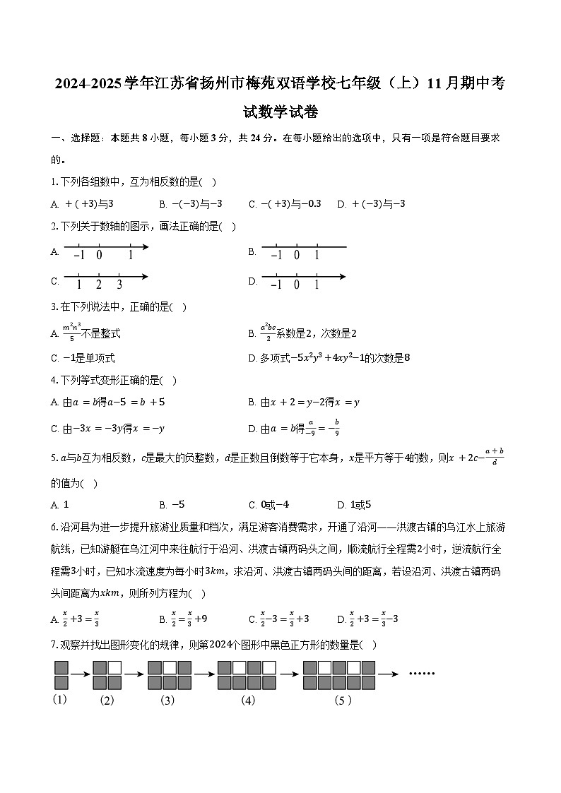 2024-2025学年江苏省扬州市邗江区梅苑双语学校七年级（上）11月期中考试数学试卷（含答案）第1页