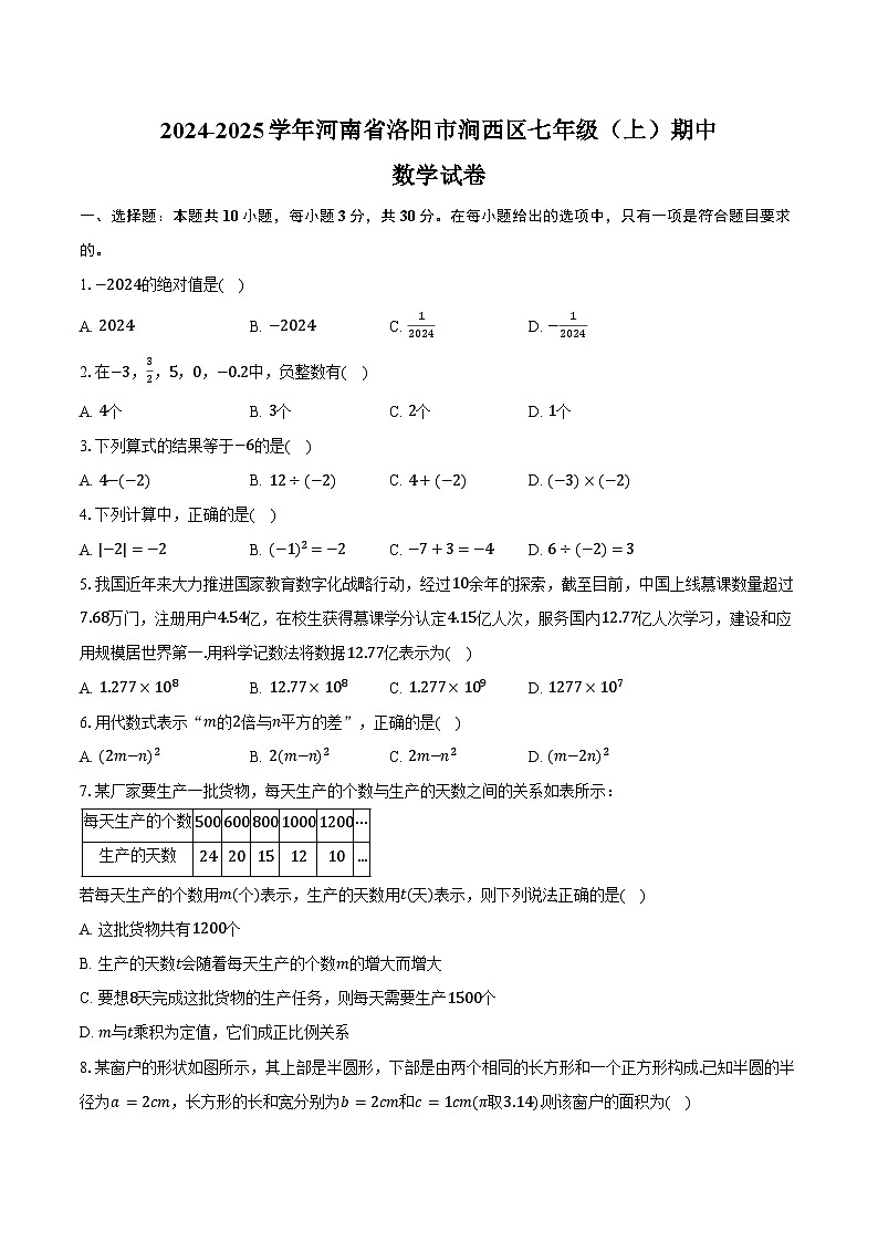 2024-2025学年河南省洛阳市涧西区七年级（上）期中数学试卷（含答案）第1页