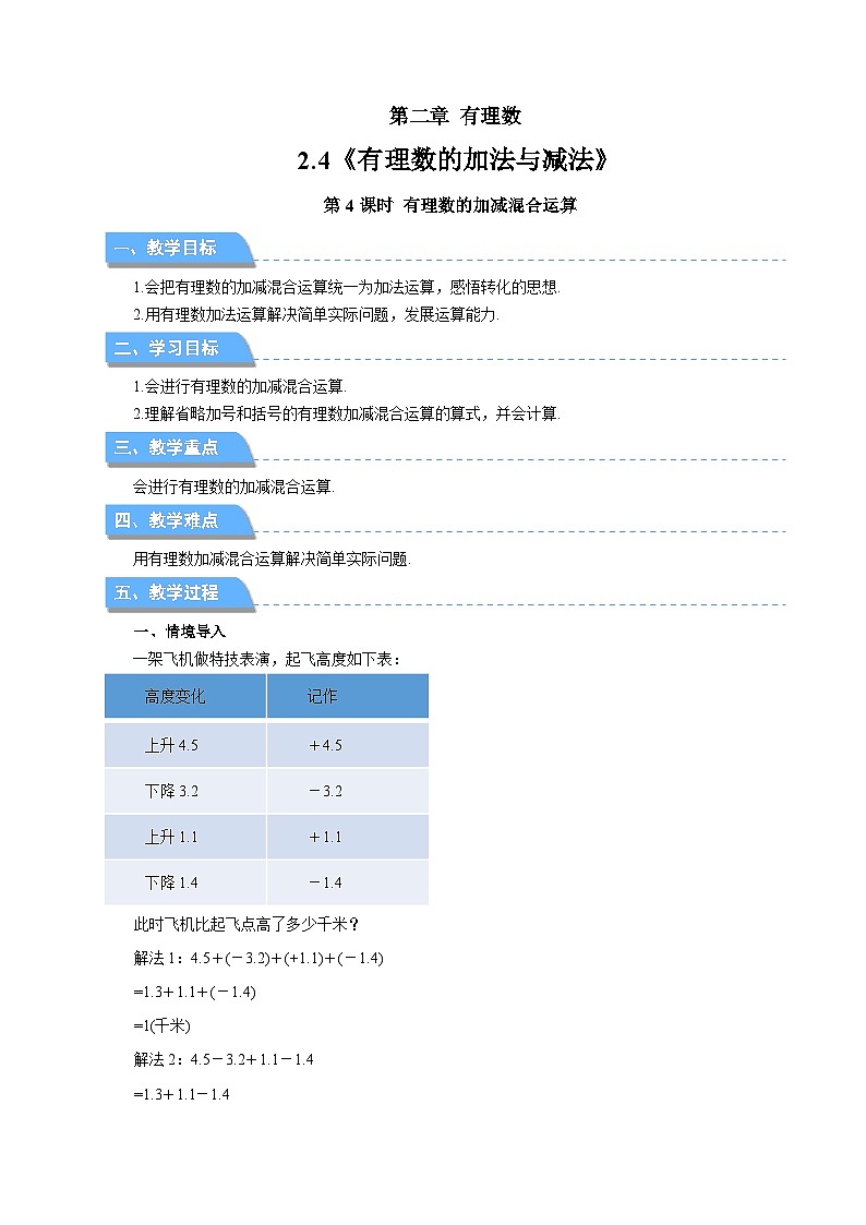 七年级上册数学苏科版（2024）2.4有理数的加法与减法 第4课时有理数的加减混合运算 教案第1页