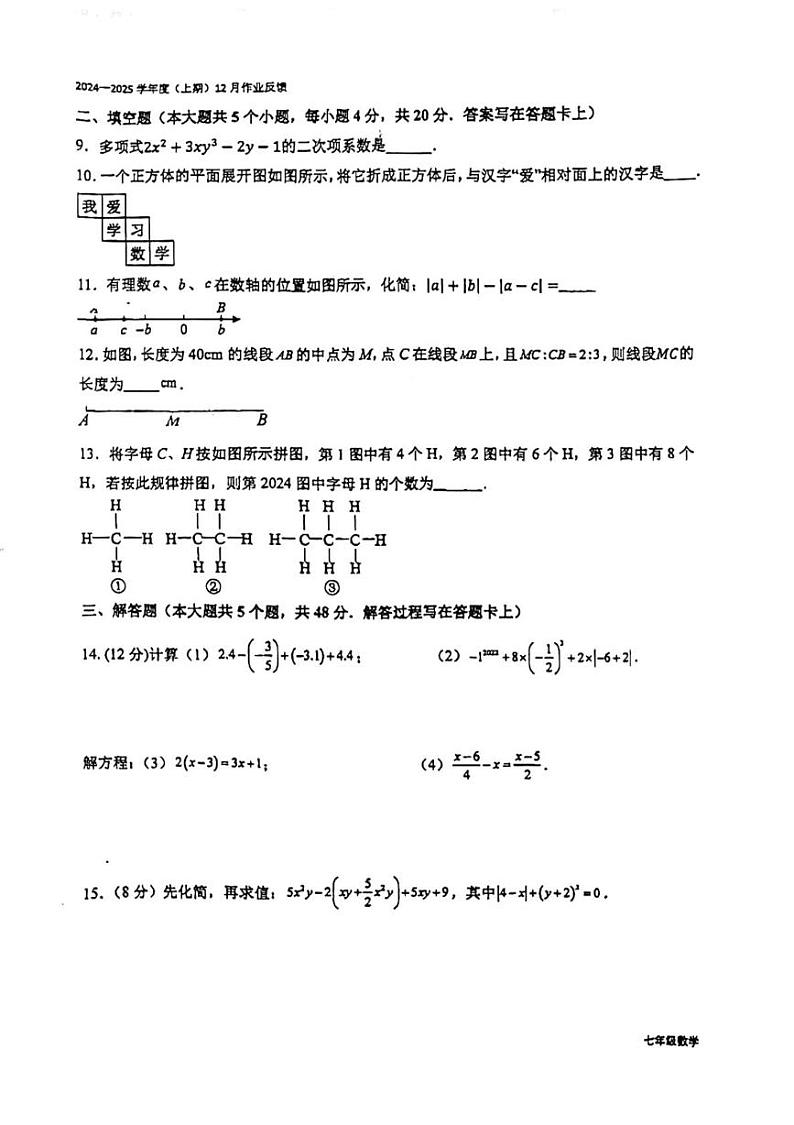 四川省成都市树德实验中学2024-2025学年七年级上学期12月月考数学试题第2页