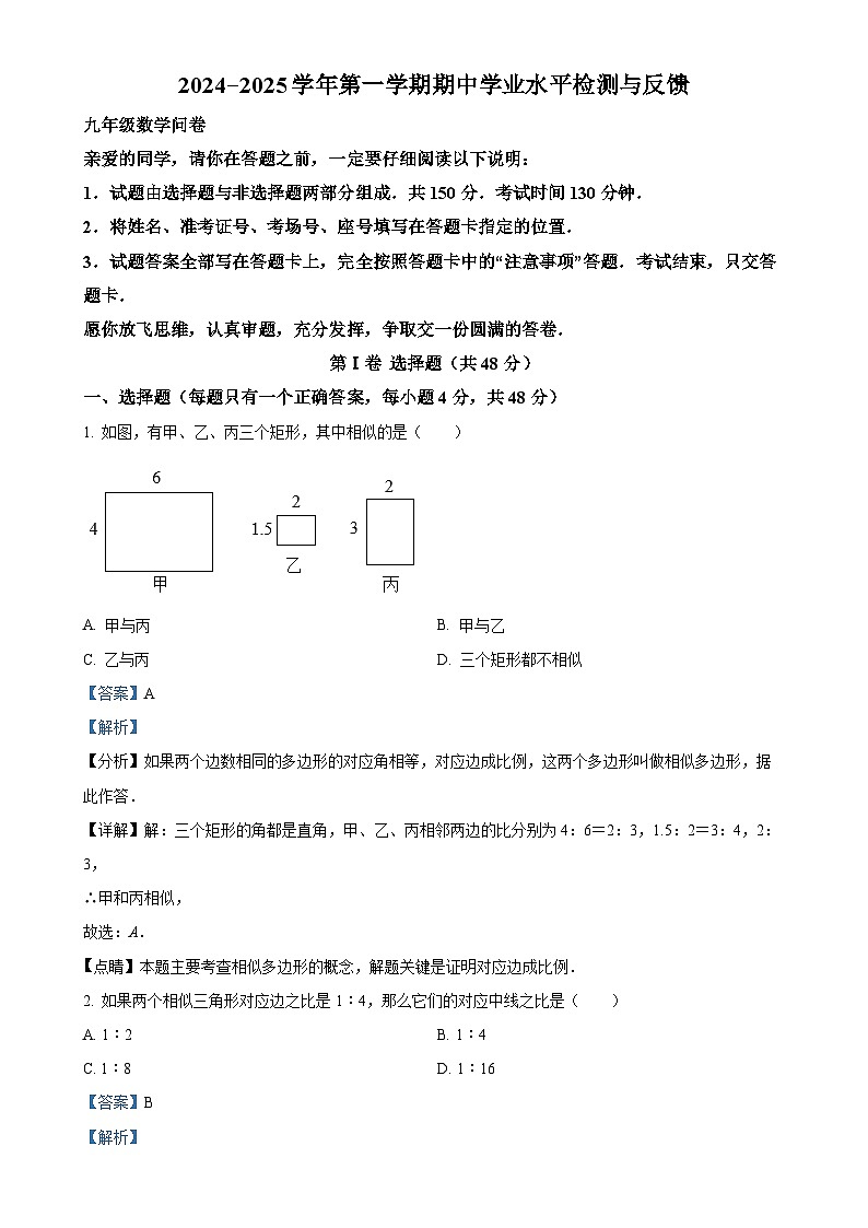 精品解析：山东省聊城市阳谷县2024—2025学年上学期期中考试九年级数学试题（解析版）-A4第1页