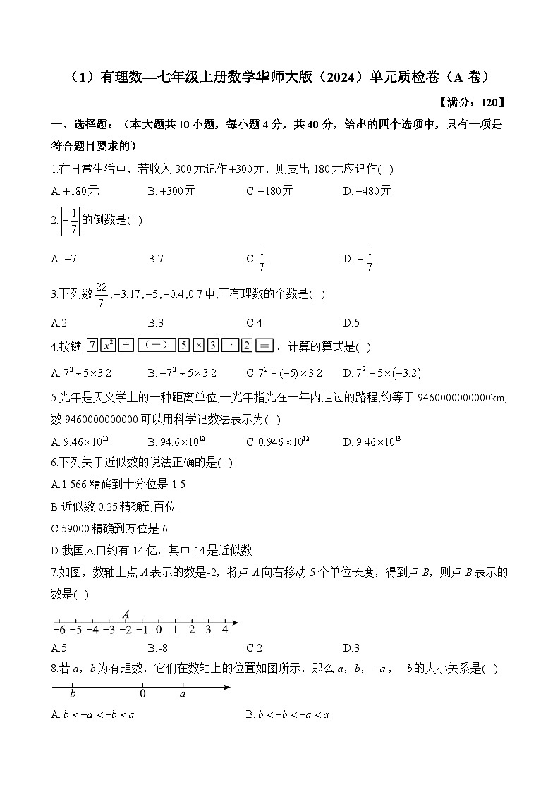 第1章 有理数有理数 七年级上册数学华师大版（2024）单元质检A卷(含答案)第1页